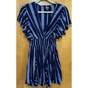 Angie Womens Ruffle Trim Blue White Stripe‎ Dress  Short Sleeve Navy Sz Small